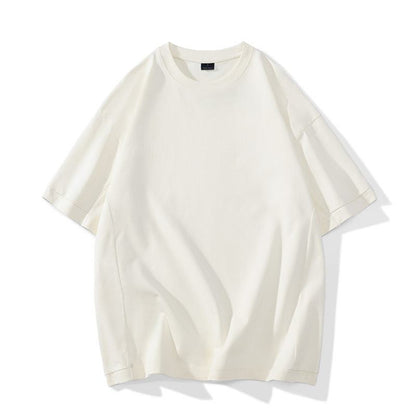 レトロなソリッドカラーのルーズフィットウォッシュドピュアコットン半袖Tシャツ