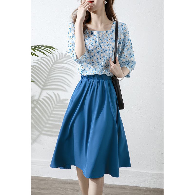 Falda azul de color sólido con estilo Chic Niche (Chic Niche Falda Azul de Línea A)