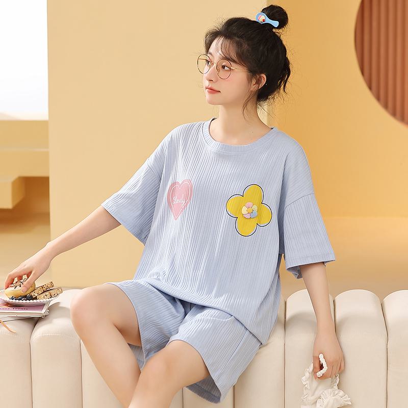 Heart-Shaped Round Neck Flower Cotton Lounge Set