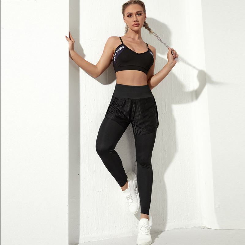 Solid Tight-Fitting Elasticity Faux Two-Piece Sports Fitness Hollowed-Out Sports Tights