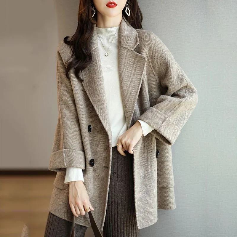 Woolen Slimming Loose Fit Herringbone Pattern Wool Blend Coat