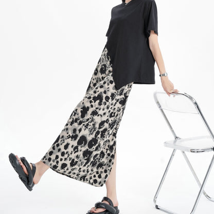 Slimming Elastic Waist Floral Print Split Hem Leopard-Print Mesh Skirt