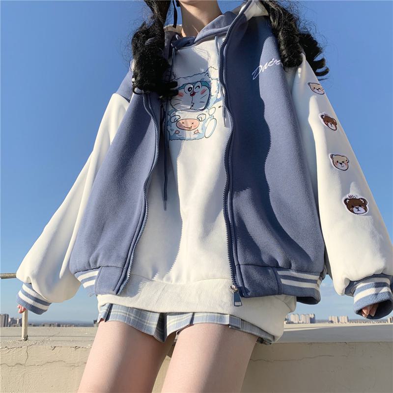Loose Fit Thickened Hooded Varsity Jacket