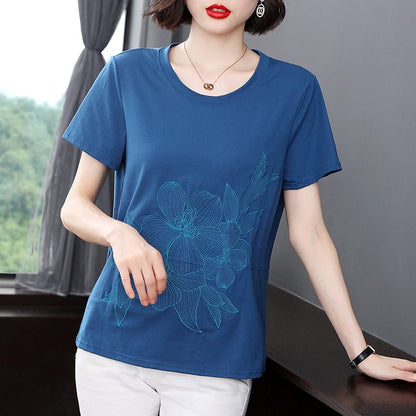 Loose Fit Anti-Aging Cotton Beaded Embroidery Thickness Short Sleeve Tee