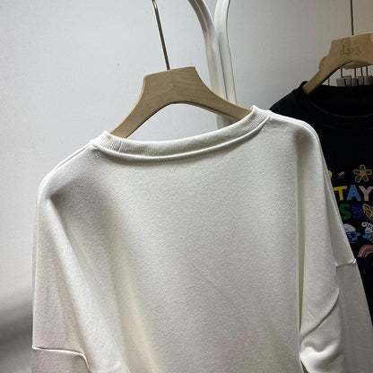 Sweatshirt à col rond en coton faux imprimé à rayures, épais et sans bouloches.