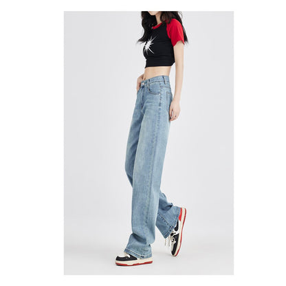 Jeans de talle alto y pierna recta de longitud hasta el suelo, suaves, adelgazantes, delgados y sencillos.