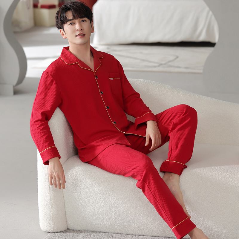 Ensemble de pyjama en coton pur tissé serré à manches longues rouge à motif pied-de-poule avec boutons devant et poches