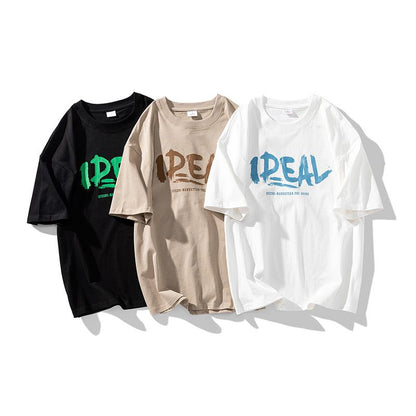 Lockeres, trendiges T-Shirt aus reiner Baumwolle mit kurzen Ärmeln und Buchstabenmuster