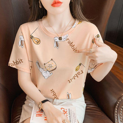 Round Neck Print Loose Fit Bunny Casual Short Sleeve Tee