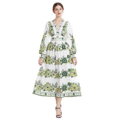 V-Neck Slimming High-Waisted Vacation Retro Full Skirt Style Flower Print Dress