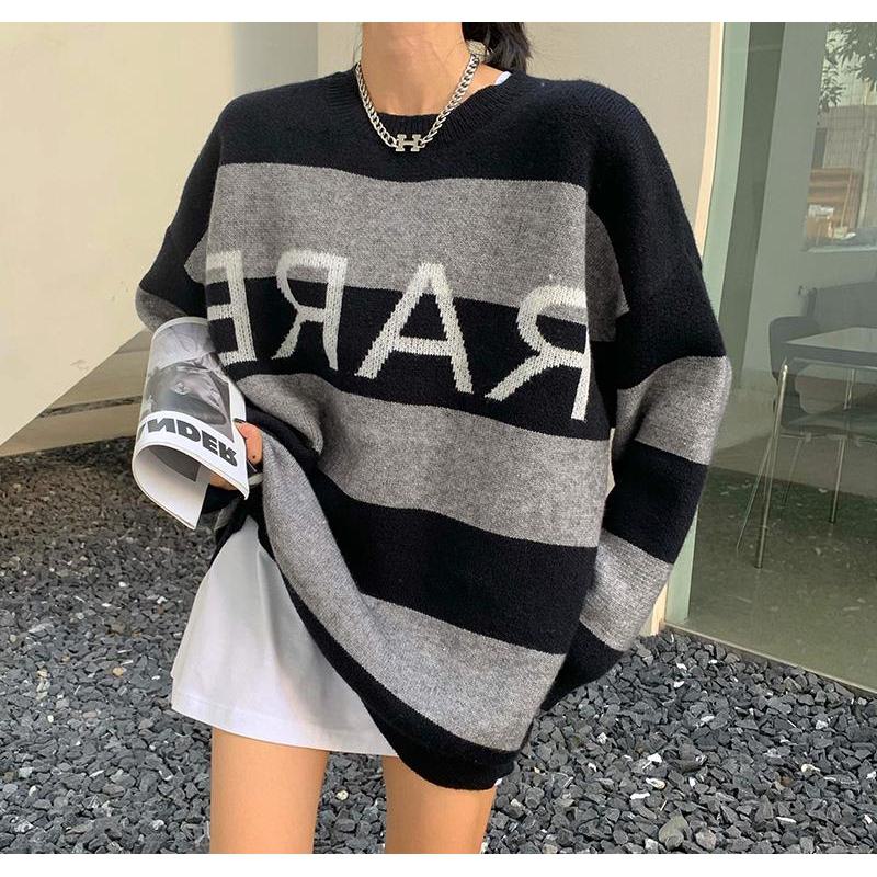 Stripe Pullover Straight Round Neck Letter Patchwork Loose Fit Slimming Knit Top