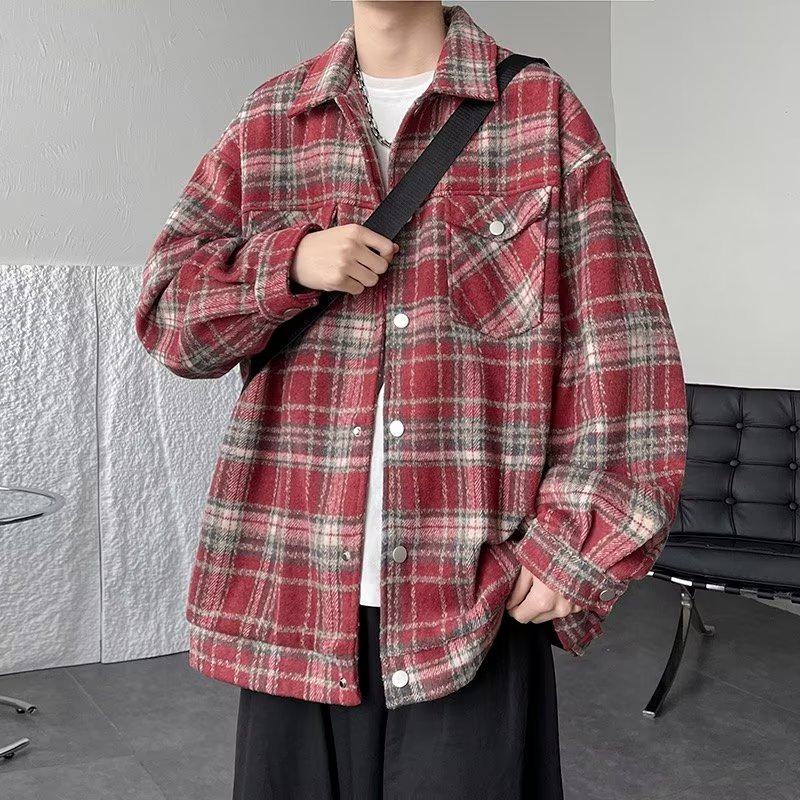 Camisa de manga larga de lana a cuadros con corte holgado, cuello artístico, moda relajada y sencilla.