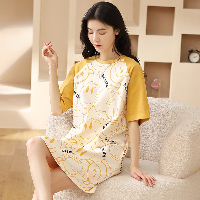 Tightly Woven Pure Cotton Cartoon Patchwork Round Neck Lounge Dress