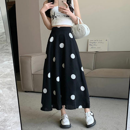 High-Waisted Chiffon Polka Dot Pocket Full Skirt Style Elastic Waist Skirt