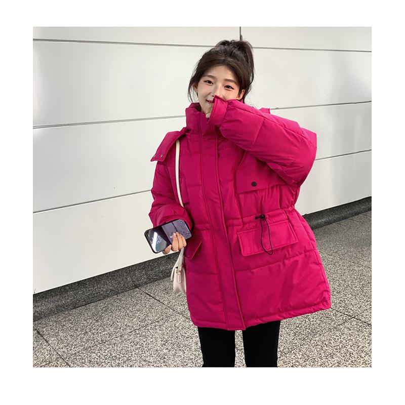 Slimming Chic Drawstring Cinched Waist Solid Color Puffer Jacket