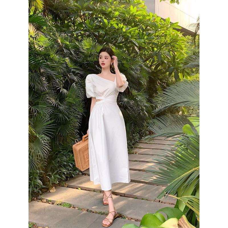 White Slimming Cinched Waist French Style Bubble Sleeve Dress