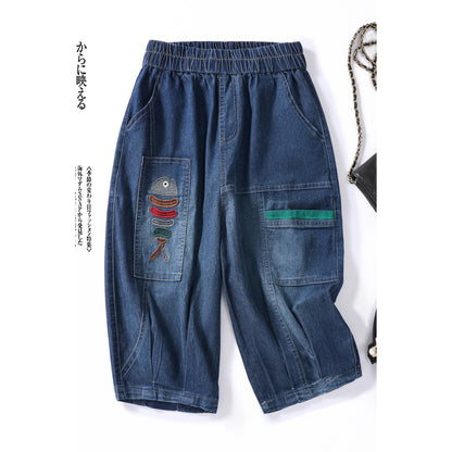 Jeans casuales de corte holgado y ajuste elástico, con bordado, de tela delgada y tres cuartos.