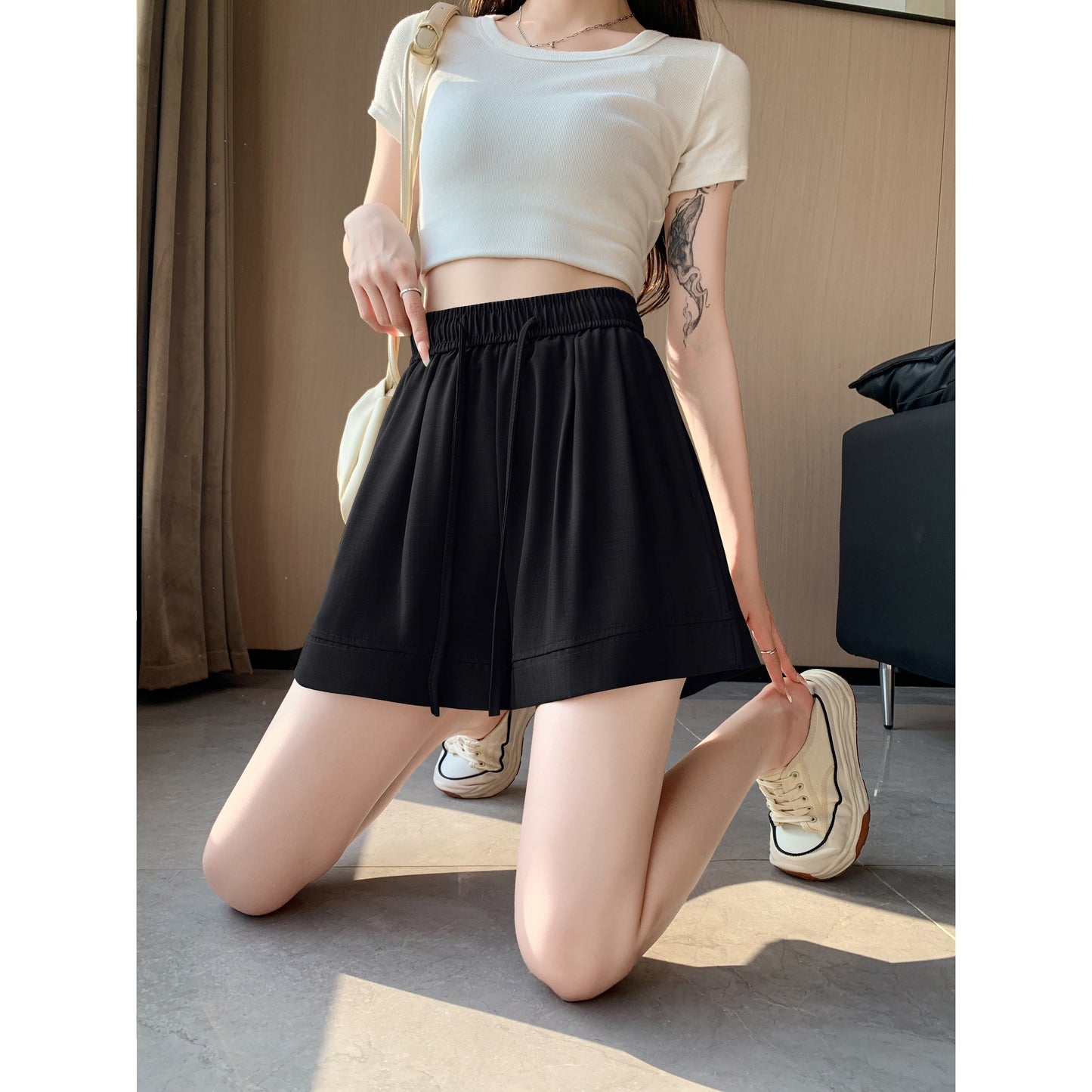 Drawstring Wide-Leg High-Waisted Loose-Fit A-Line Solid Silky Shorts
