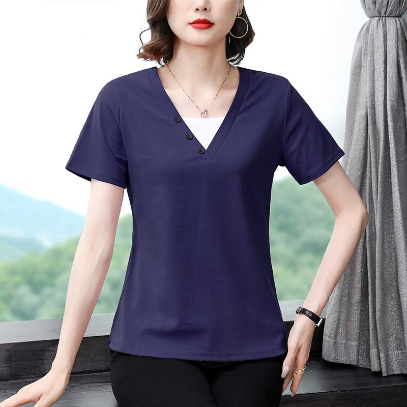 Plus V-Neck Loose Fit Faux Two-Piece Casual Pure Cotton Short Sleeve Tee