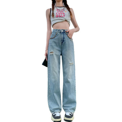 Embroidery Craft Floor-Length Distressed Jeans