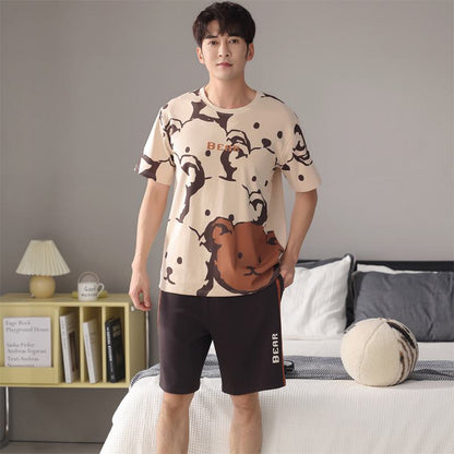Round Neck Tightly Woven Pure Cotton Bear Pattern Short Sleeves Lounge Set