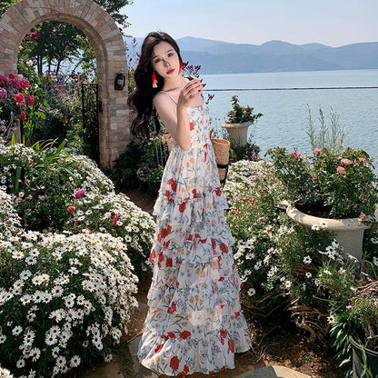 Robe à imprimé floral et jupe ample de style français