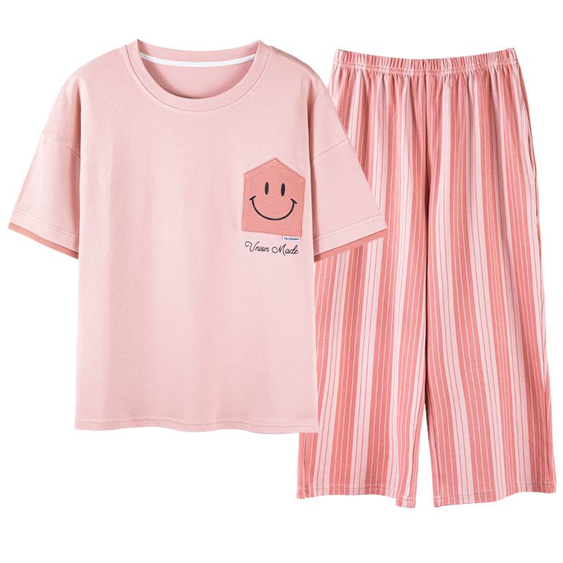 Conjunto de salón rosado de algodón puro con rayas y cara sonriente