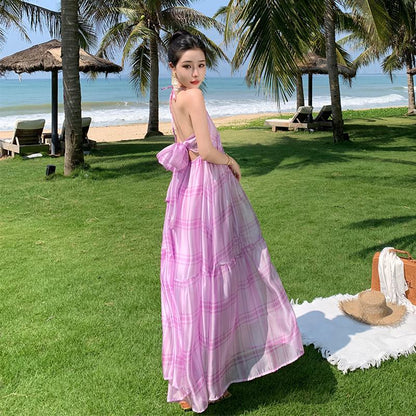 V-Neck Beach Purple Cami Backless Fairy Skirt Semi-Transparent Dress