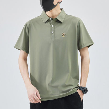 Camisa Polo de Manga Corta de Lujo Ligero de Seda con Estampado de Espiga y Cuello de Solapa de Tencel Resistente a las Arrugas