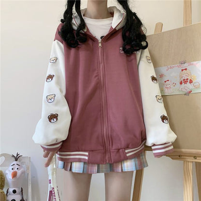 Loose Fit Thickened Hooded Varsity Jacket