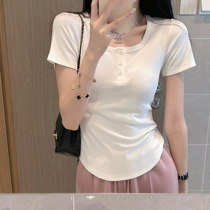 Button Square Collar Petite Cropped Tight-Fitting V-Neck Short Sleeve Tee