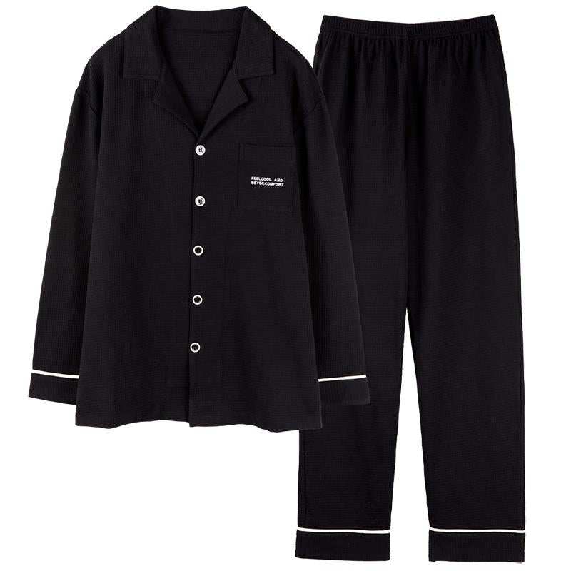 Conjunto de pijama de algodón puro tejido ajustado con estampado de pata de gallo, cuello en V, bolsillo delantero con botones.