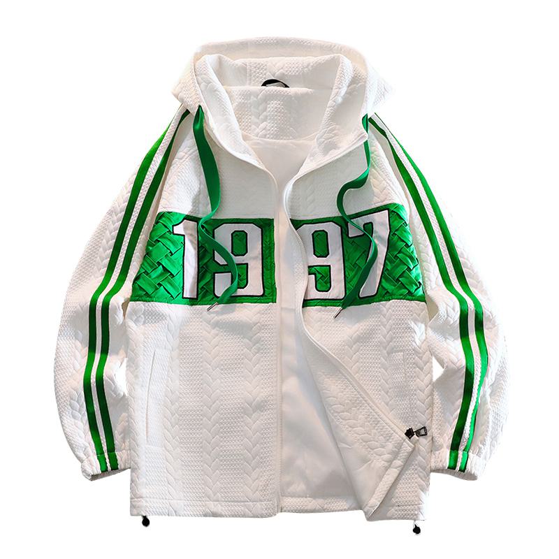 Drawstring Full Zip Numeric Embroidery Hooded Jacket