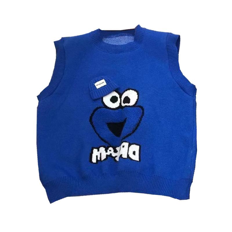 Cartoon Embroidery Klein Blue Outerwear Knitted Loose Fit Sweater Vest