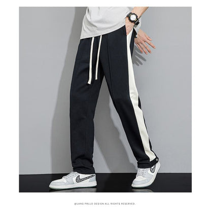 Black Stripe Casual Sports Patchwork Side Loose Fit Straight Pants