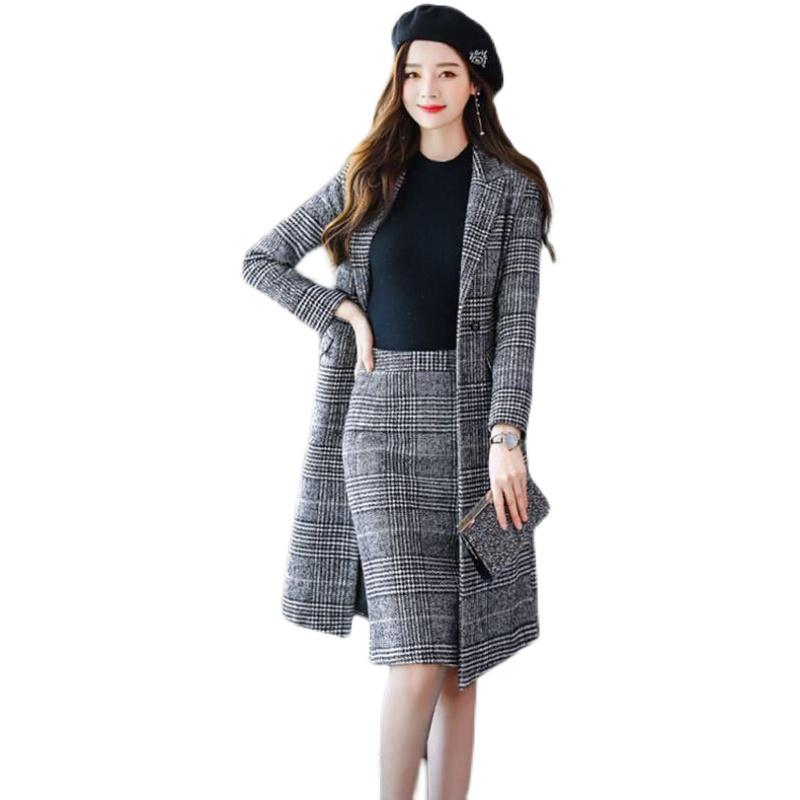 Woolen Slimming Two-Piece Set Suit A-Line Skirt Mac Coat
