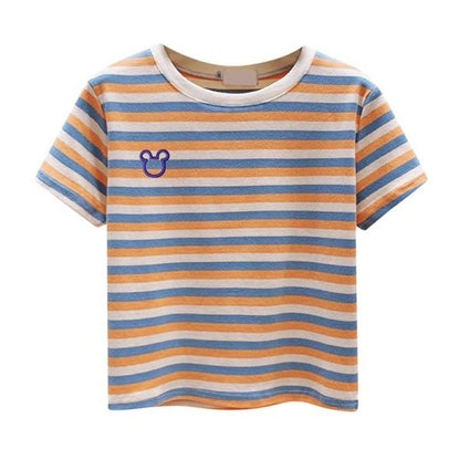 刺繍ストライプのゆったりフィットで多目的なラウンドネックアンチエイジング半袖Tシャツ