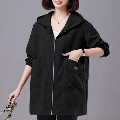 Casual Loose Fit Thigh-Length Hooded Windbreaker