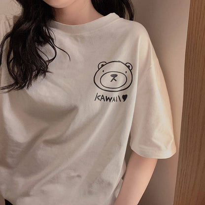 T-shirt court à manches courtes, mignon et polyvalent avec un motif d'ours, ample et anti-âge.