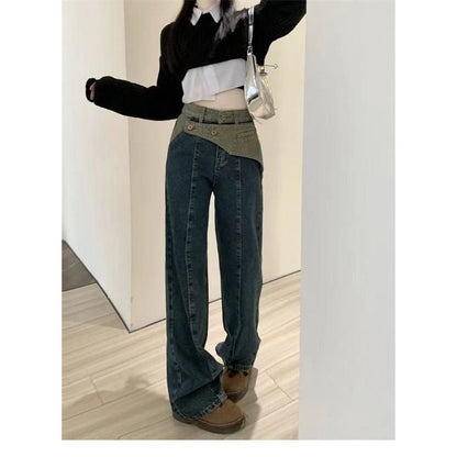 Jeans Patchwork Taille Haute, Droits, Larges et Polyvalents pour Affiner la Silhouette
