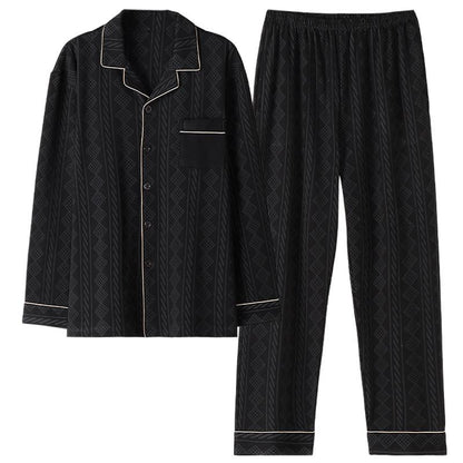 Schwarzes Baumwoll-Langarm-Pyjama-Set mit Knopfleiste und Reverskragen.