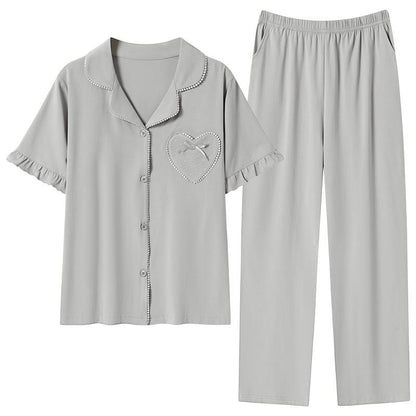 Conjunto de Pijama de Algodón Puro de Color Sólido con Cuello en Forma de Corazón y Botones Frontales de Lycra