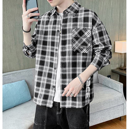 Camisa de manga larga con estampado a cuadros estilo informal con bolsillos parcheados - tendencia de ropa de trabajo con estilo