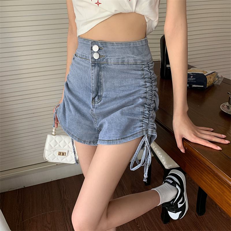 A-Line Drawstring High-Waisted Denim Shorts