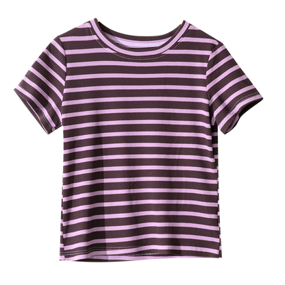 Lila Rundhals-Kurzarm-T-Shirt mit vielseitigem und schickem Streifenmuster