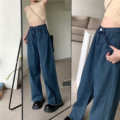 Slimming Worn-Out Look Vertical Stripes Blue Stripe Straight Pants High-Waisted Jeans