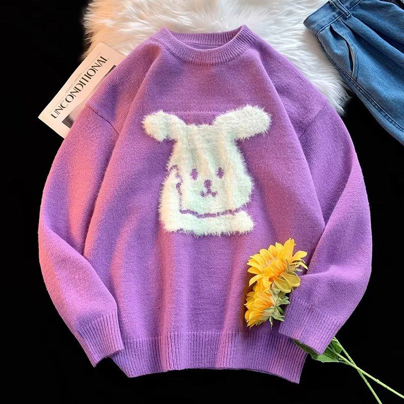 Pull en tricot ample à col rond avec un petit lapin paresseux