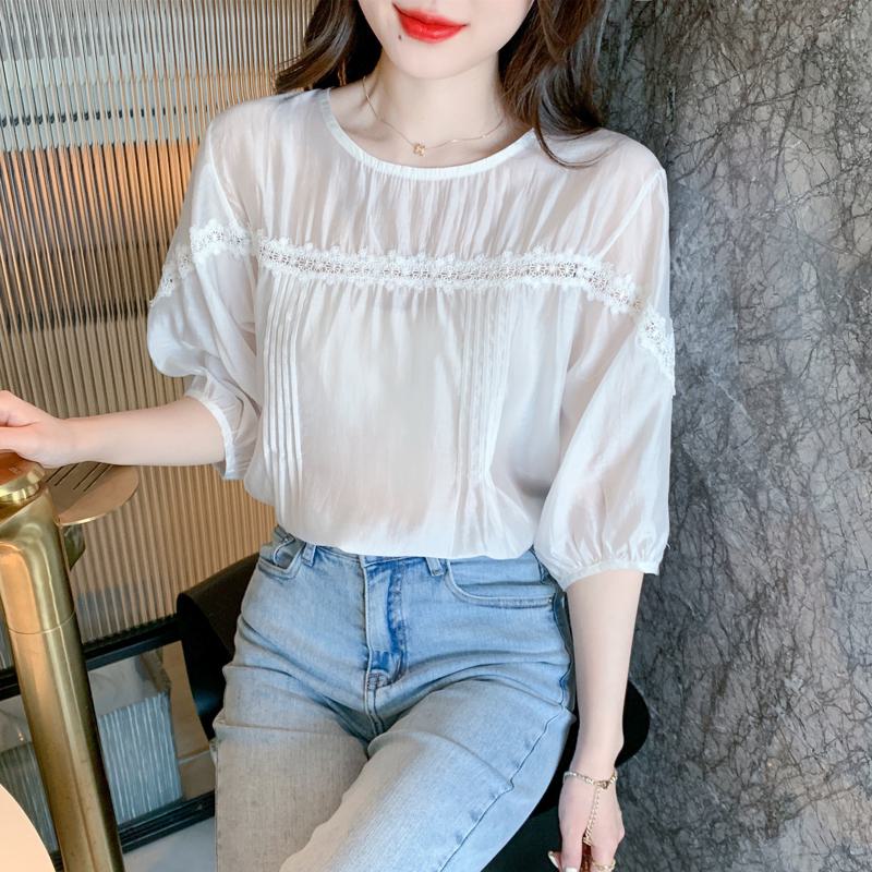 Fairy Lace Chiffon Round Neck Patchwork Hollowed-Out Blouse