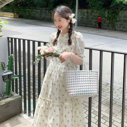Floral Print High-Waisted Medium Sleeve Lace Slimming A-Line V-Neck Dress
