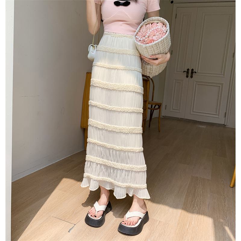 Falda pastel elástica de encaje versátil estilo francés de chiffon con parches sólidos